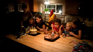 Miette and Emma each with their own birthday cake. Yes, you do see a giant rooster in the photo.